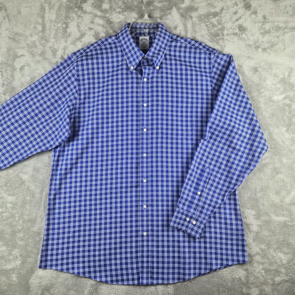 Brooks Brothers Shirt Mens 17.5 36/37 Blue Plaid Regent Fit Non Iron Long Sleeve